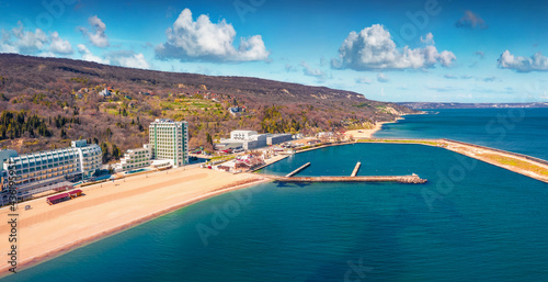 Amazing spring view of Golden Sands port. Sunny morning scene of Bulgaria, Europe. View from flying drone of Black sea. Traveling concept background. © Andrew Mayovskyy