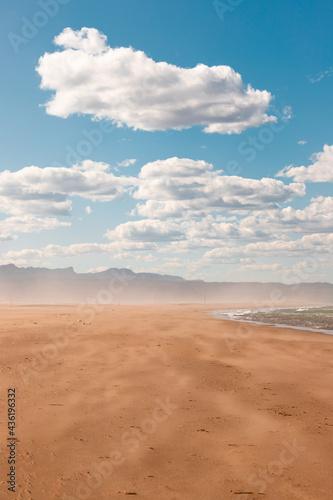 Famous Delta del Ebro beach called "fangar" beach situated in Tarragona, Spain. Picture captured in a sunny day with clouds in the sky. 