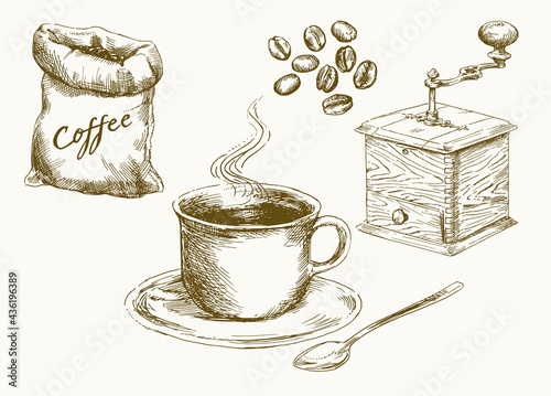 Coffee beans, cup of coffee, grinder. Set of hand drawn vector illustration.
