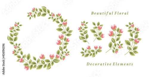 Floral wreath arrangement and flower bouquet element collection for background, greeting card, decoration, wedding invitation, spring garden event, feminine or beauty brands