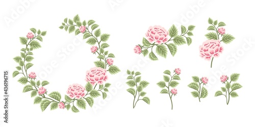 Floral wreath arrangement and flower bouquet element collection for background, greeting card, decoration, wedding invitation, spring garden event, feminine or beauty brands