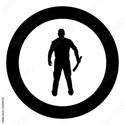 Man with sword machete Cold weapons in hand military man Soldier Serviceman in positions Hunter with knife Fight poses Strong defender Warrior concept Weaponry Stand View from rear Terrible and scary 