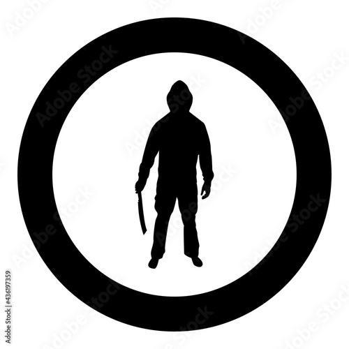 Man with sword machete Cold weapons in hand military man Soldier Serviceman in positions Hunter with knife Fight poses Strong defender Warrior concept Weaponry Stand silhouette in circle round black 
