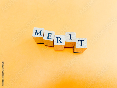 Alphabet blocks, wood textures, `MERIT'