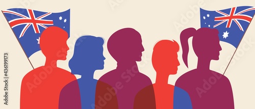 Silhouettes of australians with the flag of australia, color vector stock illustration with people citizens of australia as a crowd waving the flag