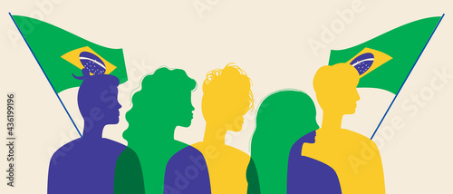Silhouettes of Brazilians with the flag of Brazil, color vector stock illustration with People citizens of Brazil as a crowd waving the flag