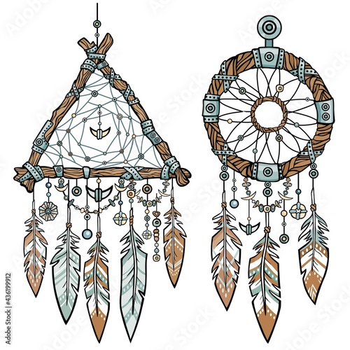 Round and triangular Dreamcatcher. Native American Indian talisman with feathers. Ethnic design, boho chic, tribal symbol. Vector illustration isolated on a white background.