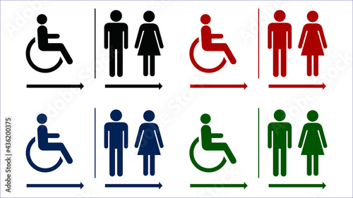 Male and Female Bathroom Sign Icon in black, red, blue, green in four color