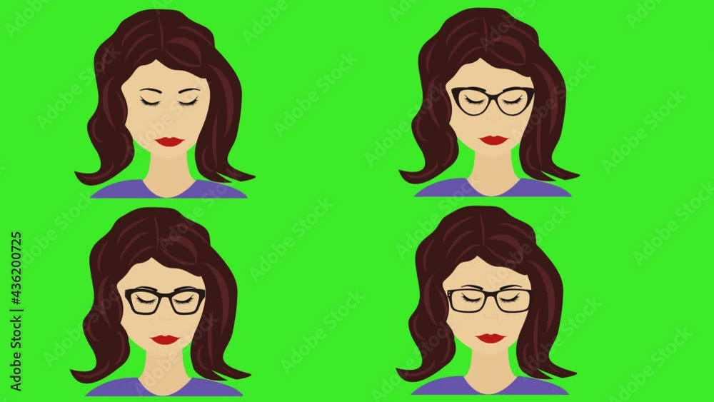 Cartoon women face avatar animation, moving and blinking eyes, on green screen chroma key Cartoon women face avatar animation, moving and blinking eyes, on green screen chroma key