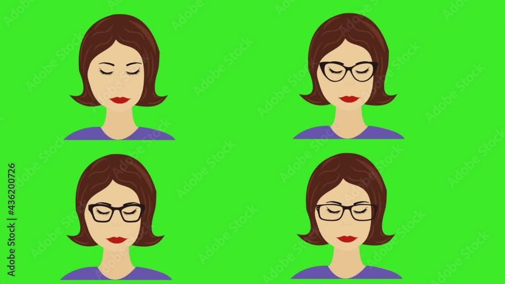 Cartoon women face avatar animation, moving and blinking eyes, on green screen chroma key Cartoon women face avatar animation, moving and blinking eyes, on green screen chroma key
