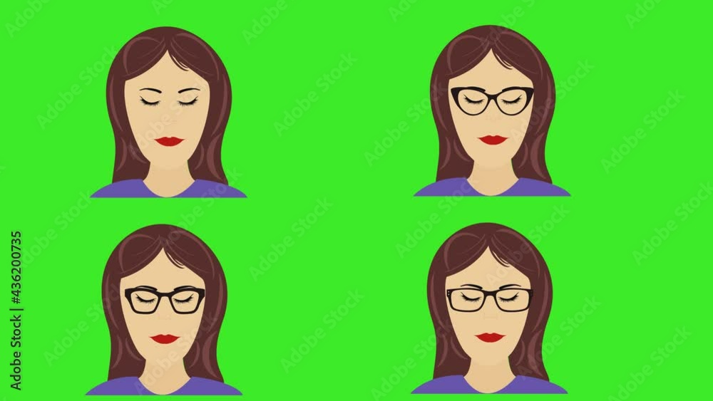 Cartoon women face avatar animation, moving and blinking eyes, on green screen chroma key Cartoon women face avatar animation, moving and blinking eyes, on green screen chroma key