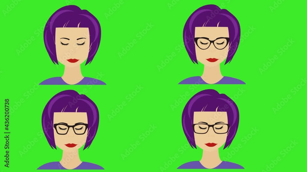 Cartoon women face avatar animation, moving and blinking eyes, on green screen chroma key Cartoon women face avatar animation, moving and blinking eyes, on green screen chroma key