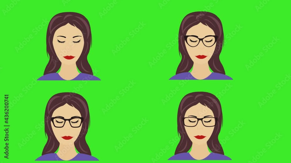 Cartoon women face avatar animation, moving and blinking eyes, on green screen chroma key Cartoon women face avatar animation, moving and blinking eyes, on green screen chroma key