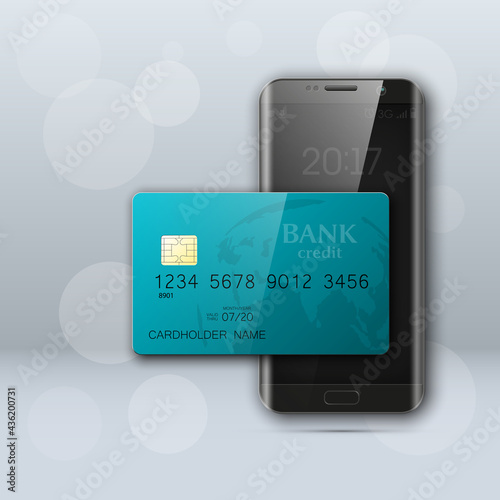 Smartphone banner & credit card. Advertising promo poster phone & bank card icon. Communicator PDA Electronic money funds transfer. Plastic card software. Update banking icon. Debit card with chip