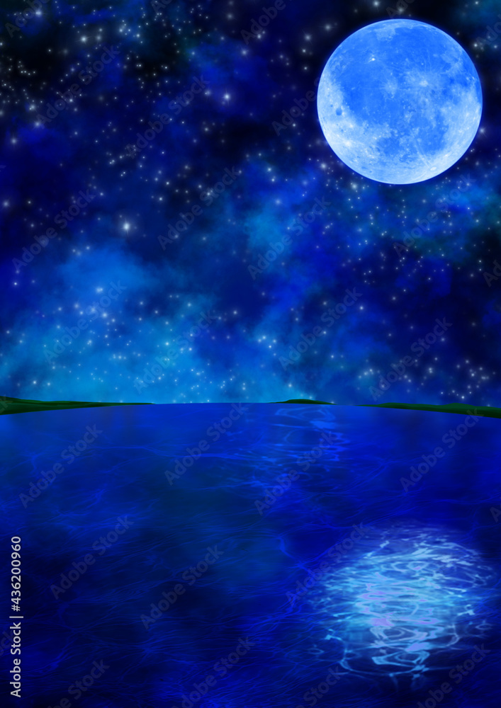海と夜空に浮かぶ満月のイラスト Stock Illustration Adobe Stock