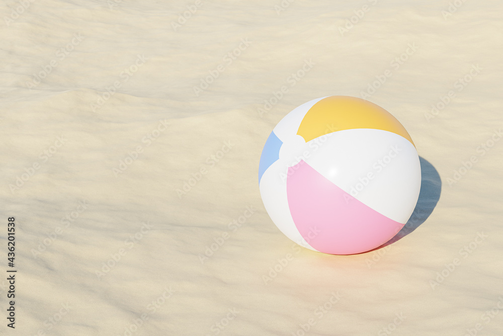 Summer vacations background with inflatable beach balls and sand, copy space, 3d illustration render
