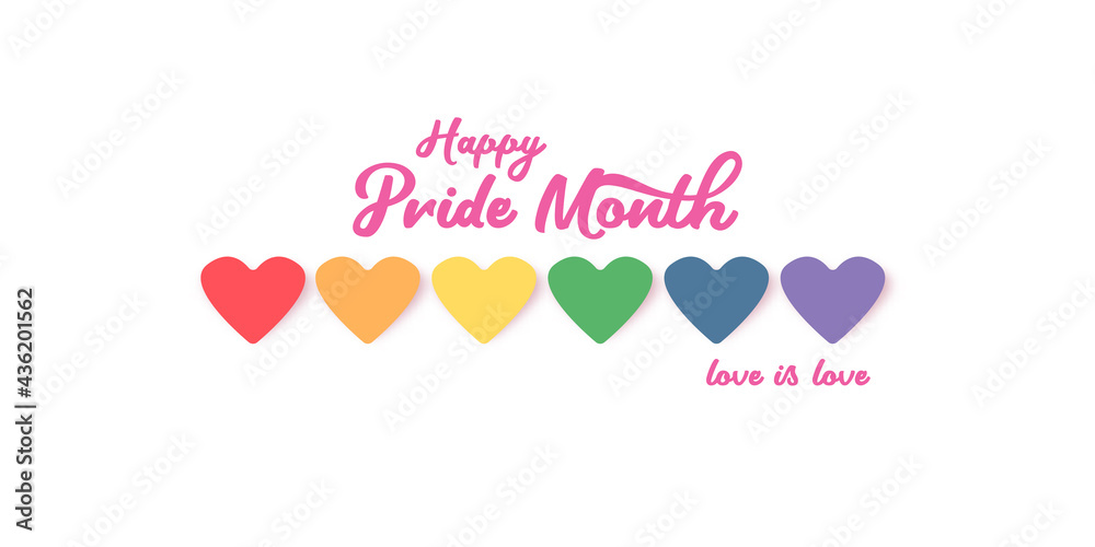 Happy pride month horizontal banner with heart and pride color flag isolated on white background. Pride month or pride day poster, flyer, invitation party card deign template.