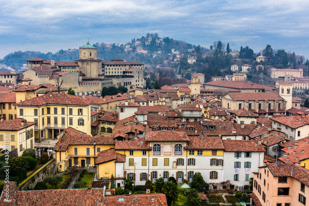 A misty day in the historic mountain city of Bergamo, Italy