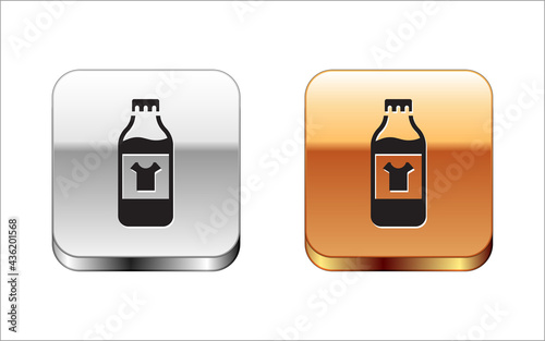 Black Plastic bottle for laundry detergent, bleach, dishwashing liquid or another cleaning agent icon isolated on white background. Silver-gold square button. Vector