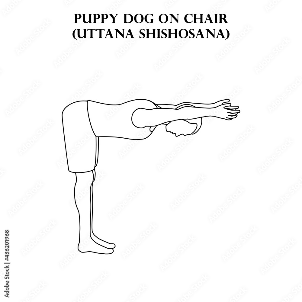 Puppy dog on chair pose yoga workout. Uttana Shishosana. Man doing yoga illustration outline Puppy dog on chair pose yoga workout. Uttana Shishosana. Man doing yoga illustration outline
