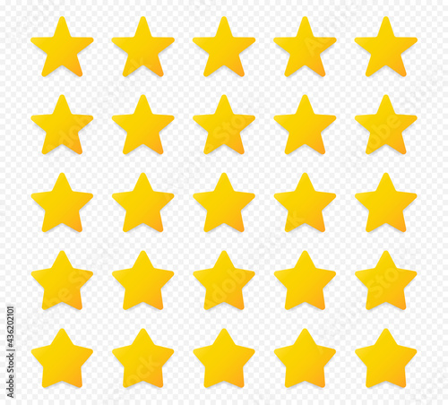 Quality rating symbols. Set of five-pointed yellow stars with shadow isolated on transparent background. Product quality assessment icons. Vector illustration.  