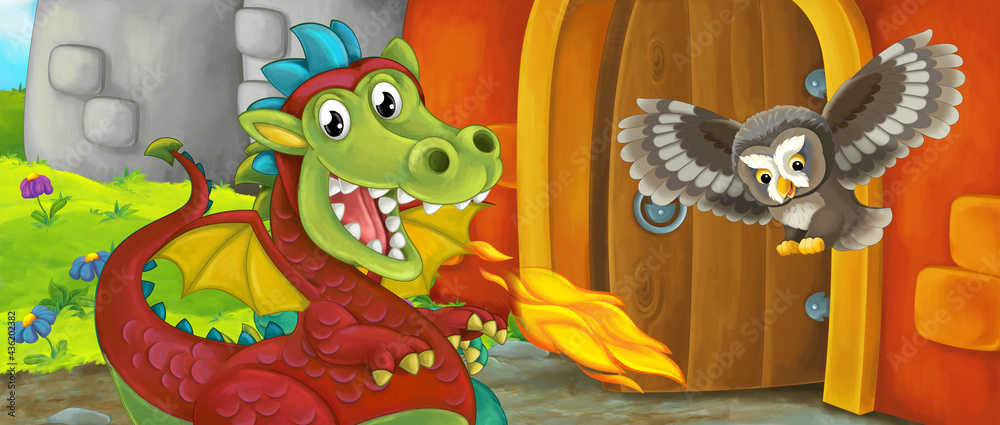 Naklejka premium Cartoon dragon near castle entrance illustration