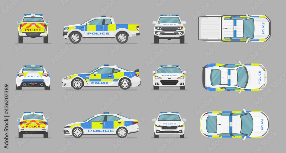English police cars. Side view, front view, back view, top view. Cartoon flat illustration, auto for graphic and web