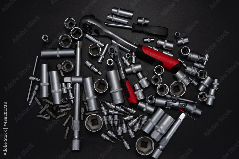 Fototapeta premium Flat lay tools on black background