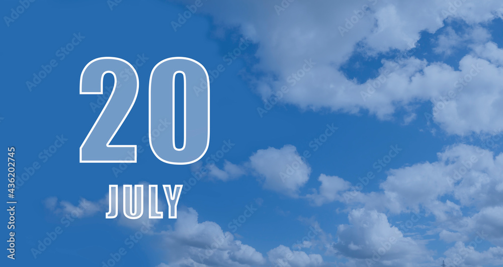 july 20. 20-th day of the month, calendar date.White numbers against a blue sky with clouds. Copy space, Summer month, day of the year concept july 20. 20-th day of the month, calendar date.White numbers against a blue sky with clouds. Copy space, Summer month, day of the year concept