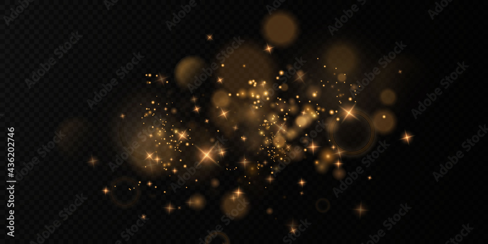 Bokeh light lights effect background. Christmas background of shining dust Christmas glowing golden bokeh confetti and spark overlay texture for your design. - obrazy, fototapety, plakaty 