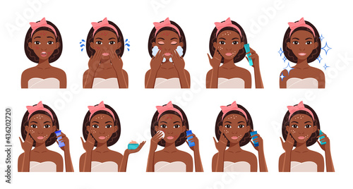 Cute Black Girl Washes her Face with Acne. Afro Lady uses Foam and Applies a Treatment Cream with her Hands.Care for Problem Skin.Steps.Flat color cartoon style.White background.Vector.
