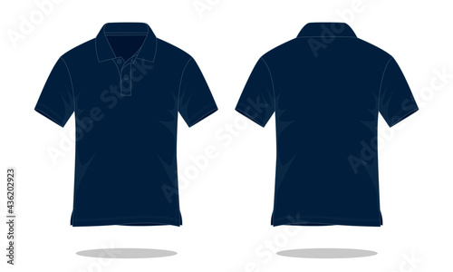 Blank navy blue short sleeve polo shirt template on white background. Front and back view, vector file
