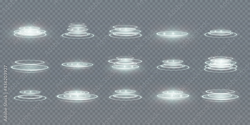 Portal set light effect hologram. Magic circle teleport podium. Sky-fi digital hi-tech collection in HUD style. Magic circle teleport podium. Brilliant flashes of magical illumination