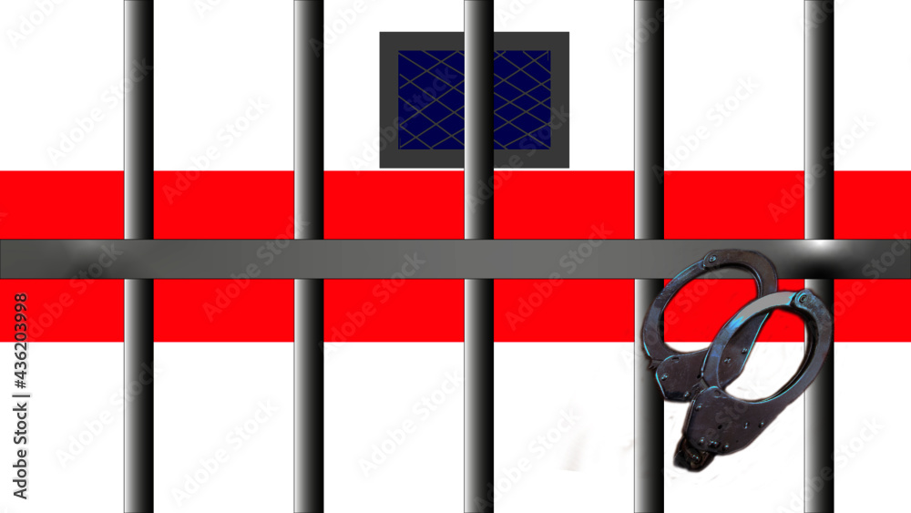 Flaga będąca symbolem białoruskiej opozycji za więzienną kratą. Z prawej strony kajdanki policyjne. - obrazy, fototapety, plakaty 