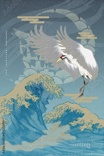 Abstract Japanese Art Crane Standing on Cloud, Torii Gate, Curvy Cloud and Crescent Moon Behind with Frequent Stripe Torrential Wave and Transparent Sky on Blue Background Vector Graphics Design
