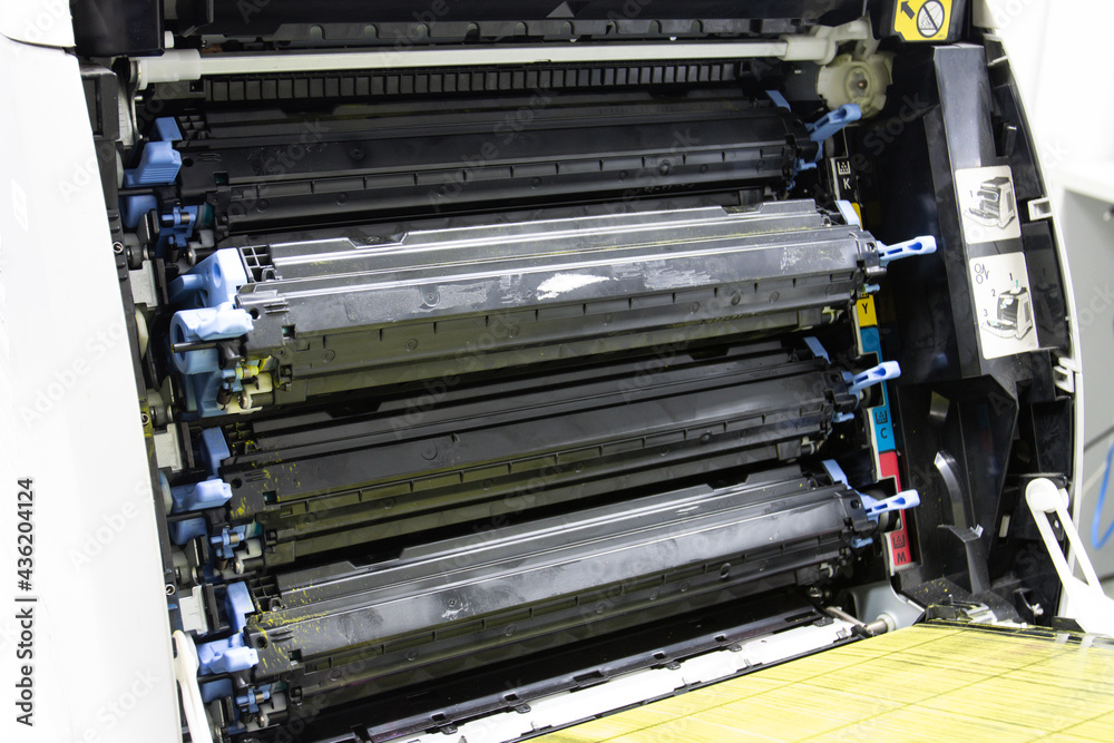 A laser printer toner cartridge 4 color On the back of the printer