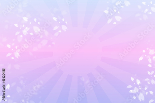 Sun rising with falling cherry blossom beautiful in colorful pink purple shading background.