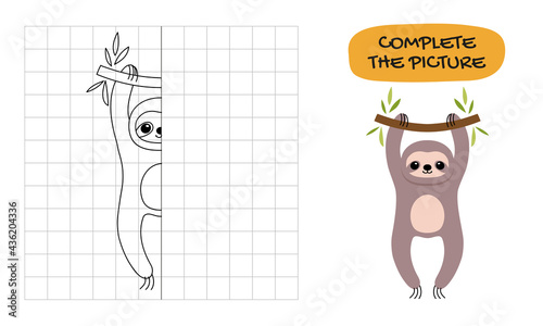 A cute sloth hangs on a branch. Copy the symmetrical pattern across the cells. Drawing task for children on the grid, educational vector illustration. Coloring book page with color pattern.