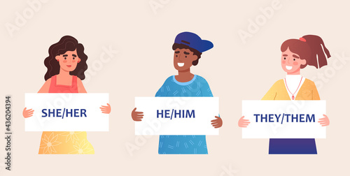 Young male and female characters are holding signs with gender pronounses