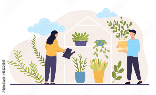 Smiling male and female characters at plant nursery
