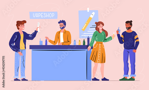Group of urban hipsters in store buying and testing electronic cigarette products