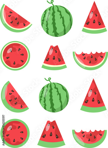 Watermelon cartoon vector collection with slices of raw berry fruit. Childish decoration juice, book illustration clip art.