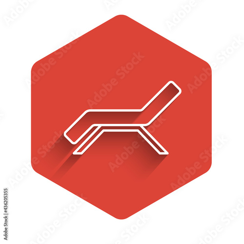 White line Sunbed icon isolated with long shadow. Sun lounger. Red hexagon button. Vector