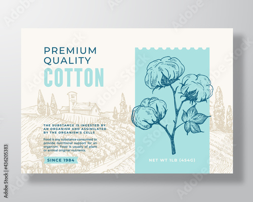 Local Premium Cotton Label Template. Abstract Vector Packaging Design Layout. Modern Typography Banner with Hand Drawn Plant Branch with Flowers and Rural Landscape Background. Isolated