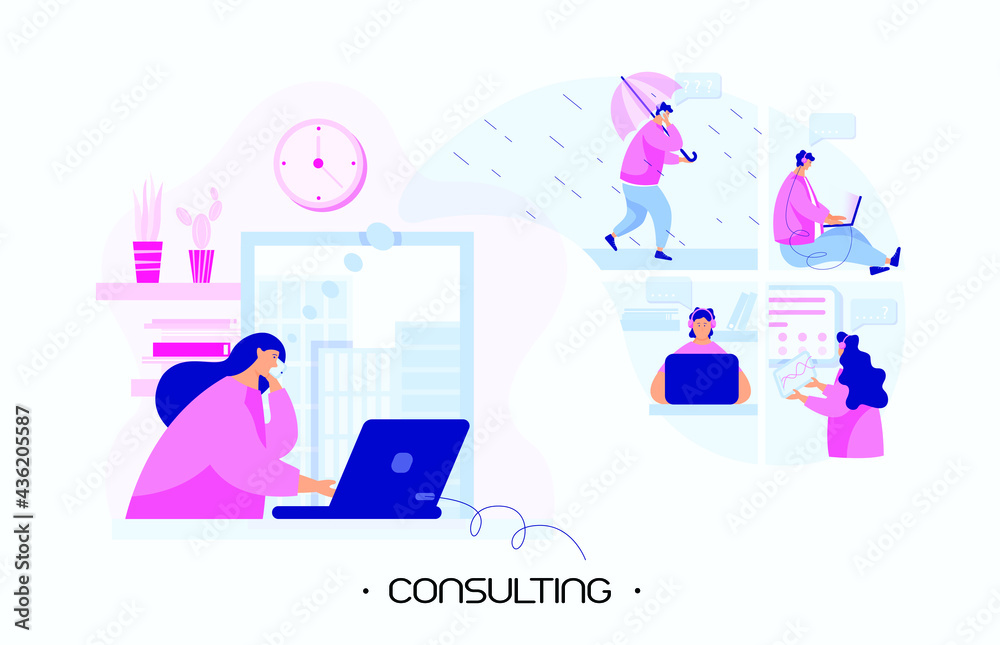 Businesswoman conducts consultations by phone from home. Counselor girl helps people achieve their goals. A guy walks in the rain and consults. The girl looks at the chart and does not understand it.