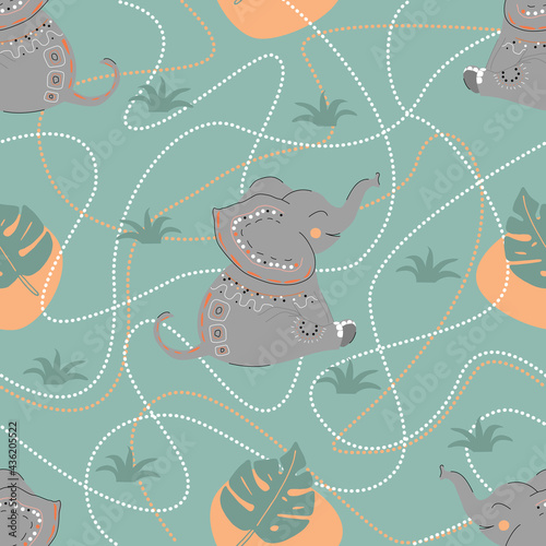 Seamless pattern  cute abstract jungle baby elephant. Cartoon character  isolated with pattern  vector for print  postcards  banner  fabric  nursery  textiles and more.