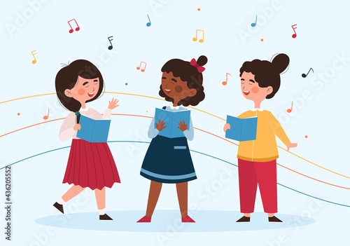 Three little diverse girls are singing together on stage