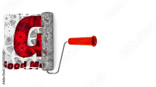 A paint roller is drawing the GMP abbreviation. One paint roller is painting the red inscription GMP - Good Manufacturing Practice on the background of lots of gears. Footage video