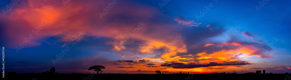Panorama Beautiful sunset sky. Cloudscape. Golden sunset above silhouette tree. Panorama view of dark clouds and orange sky. Beauty in nature.Dramatic sunset sky. Heaven sky. Dusk and dawn concept.