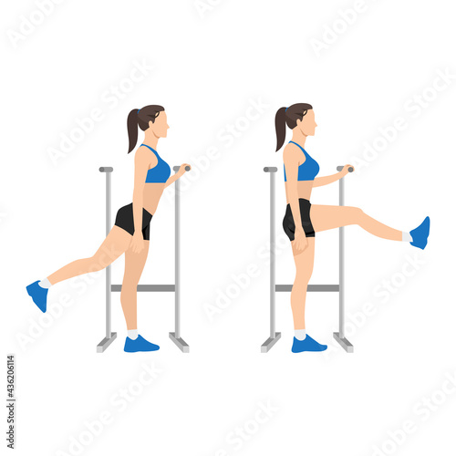 Woman doing Forward leg hip swings exercise. Flat vector illustration isolated on white background